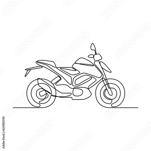 One continuous line drawing of motorcycle as land vehicle with white background. Land transportation design in simple linear style. Non coloring vehicle design concept vector illustration