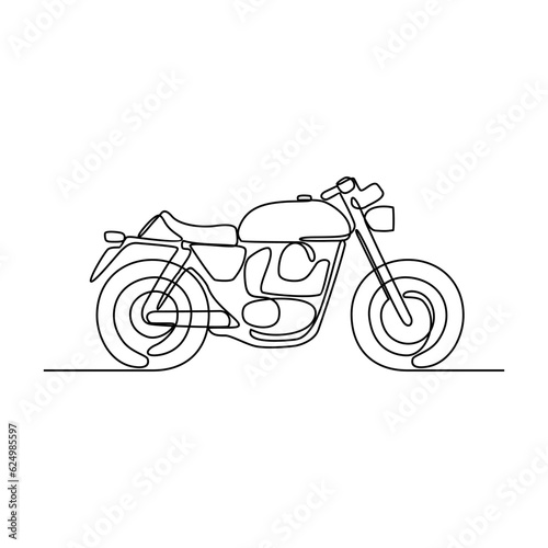One continuous line drawing of motorcycle as land vehicle with white background. Land transportation design in simple linear style. Non coloring vehicle design concept vector illustration