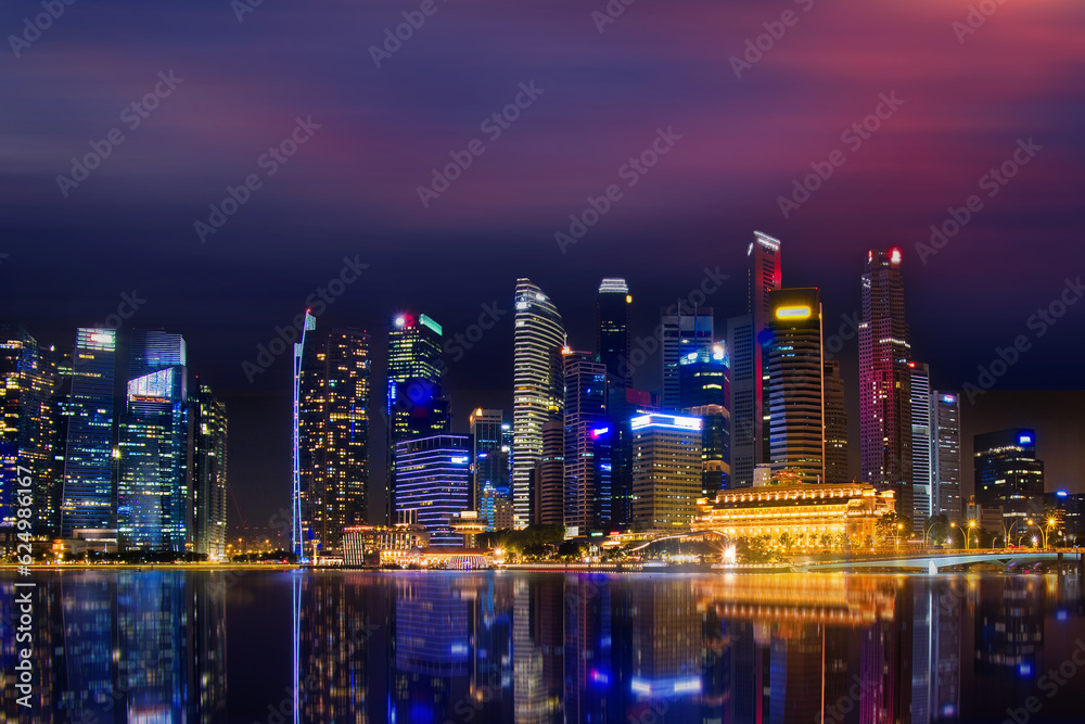Singapore city skyline at twilight, View of Marina Bay,