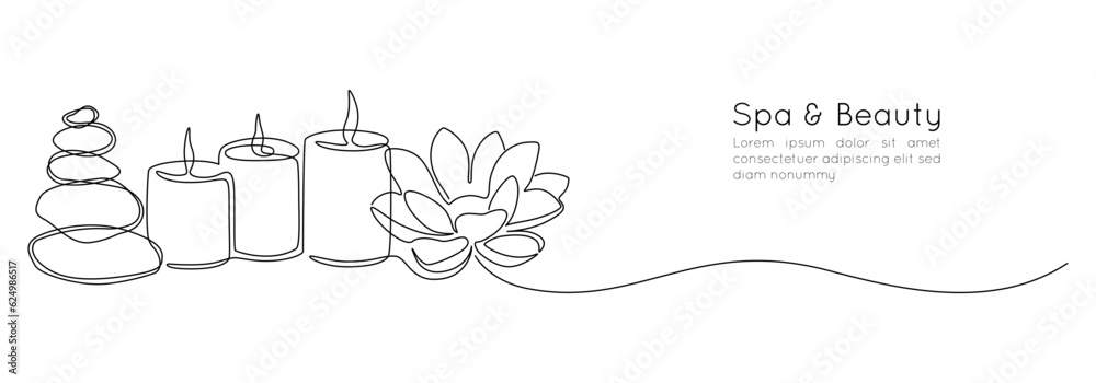One continuous line drawing of wellness and spa treatment. Candle stones and lotus flower for zen and balance concept in simple linear style. Editable stroke. Doodle Vector illustration - obrazy, fototapety, plakaty 