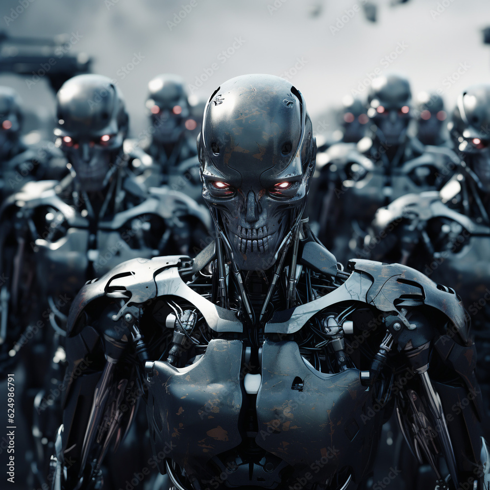 A Highly Detailed 3D Render of a Legion of Robots and Cyborgs against a Gray Backdrop