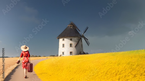 Old windmill in yellow flowers - ai generated photo