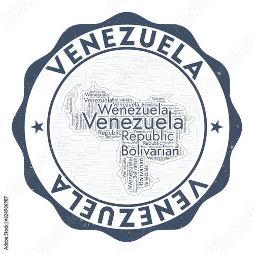 Venezuela logo. Amazing country badge with word cloud in shape of Venezuela. Round emblem with country name. Beautiful vector illustration.
