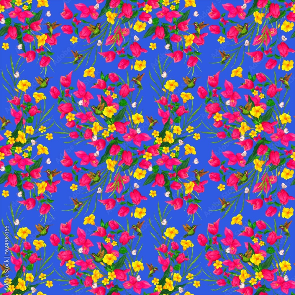 Diseño de estampado de flores primaverales con colibries alegres para estampados textiles, papeleria y decoracion