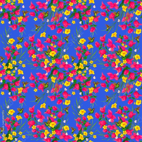 Diseño de estampado de flores primaverales con colibries alegres para estampados textiles, papeleria y decoracion © Barbilicius