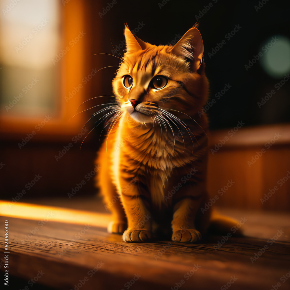 Ginger kitten on the table with a blurred background. AI generation. Kitten in the rays of the setting sun. Ginger kitten on the table with a blurred background. AI generation. Kitten in the rays of the setting sun.