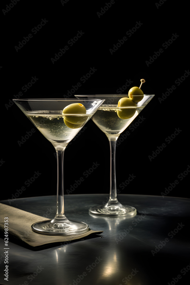 Closeup image of Dry Martini with olives on black background with table, alcoholic beverages, alcoholic drink, elegant drink