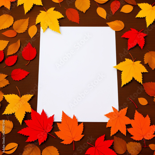 White sheet of paper in red and yellow autumn leaves. Autumn mocap for postcard  poster  advertising.AI generated.There is space for text.
