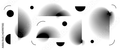 Abstract black curved spiky elements set. Radial spiral spokes objects collection. Thin thorn semicircle and circle shapes. Angular sunburst bundle for poster, collage, banner. Arc vector pack