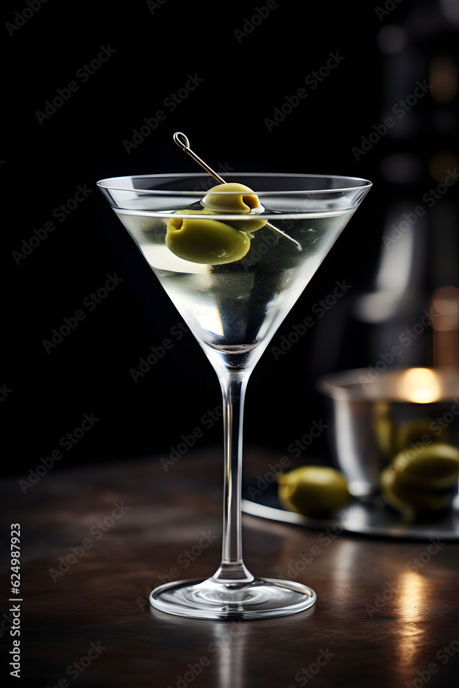 Closeup image of Dry Martini with olives on counter bar, alcoholic beverages, alcoholic drink, elegant drink