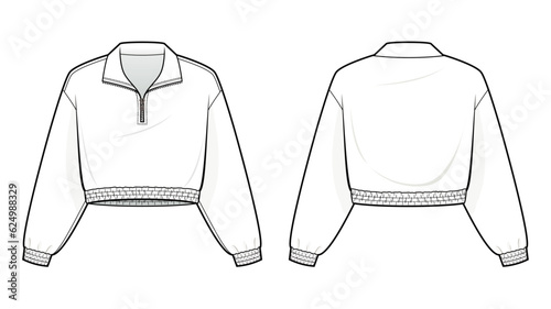 basic Quarter-Zip Pullover Jacket technical fashion illustration. Jacket vector template illustration. front and back view. cropped. plain. drop shoulder. unisex. white color. CAD mockup.