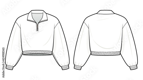 men's Quarter-Zip Pullover Jacket technical fashion illustration. Jacket vector template illustration. front and back view. regular fit. drop shoulder. unisex. white color. CAD mockup.