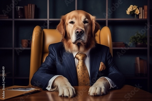 Business-minded Golden Retriever exuding professionalism in a formal office attire, generative AI