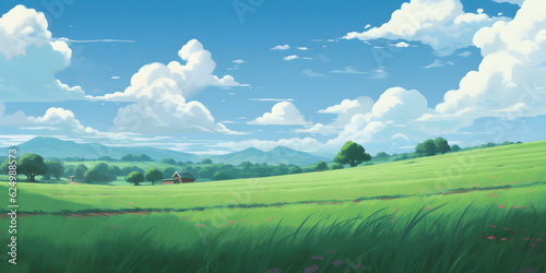 Green Field, Day sky clouds Anime Background