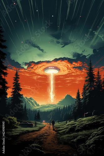 Man abduction by UFO colorful poster with alien spaceship kidnaps human in vintage style vector illustration made by generative AI