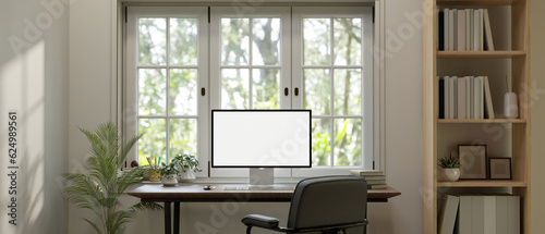 A modern minimal home workspace with computer on a table against the window