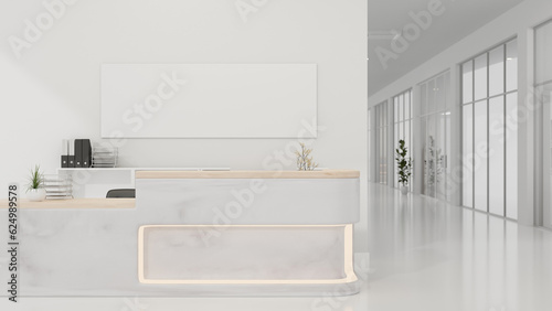 Canvastavla Modern luxurious white reception area or lobby with a modern white marble reception counter