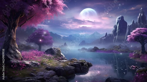 Fantasy landscape, blue and purple, mystery and wonder