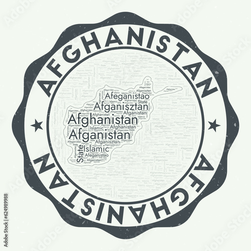 Afghanistan logo. Captivating country badge with word cloud in shape of Afghanistan. Round emblem with country name. Appealing vector illustration.