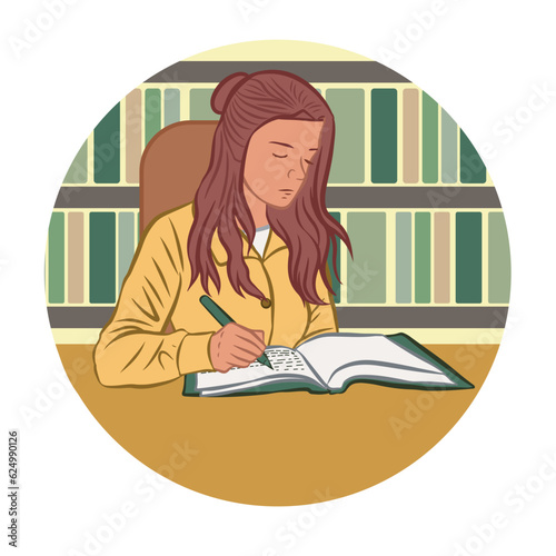  Young woman with brown hair and yellow clothing in a library calmly writing in a notebook. Circular space. Vector illustration isolated on transparent background