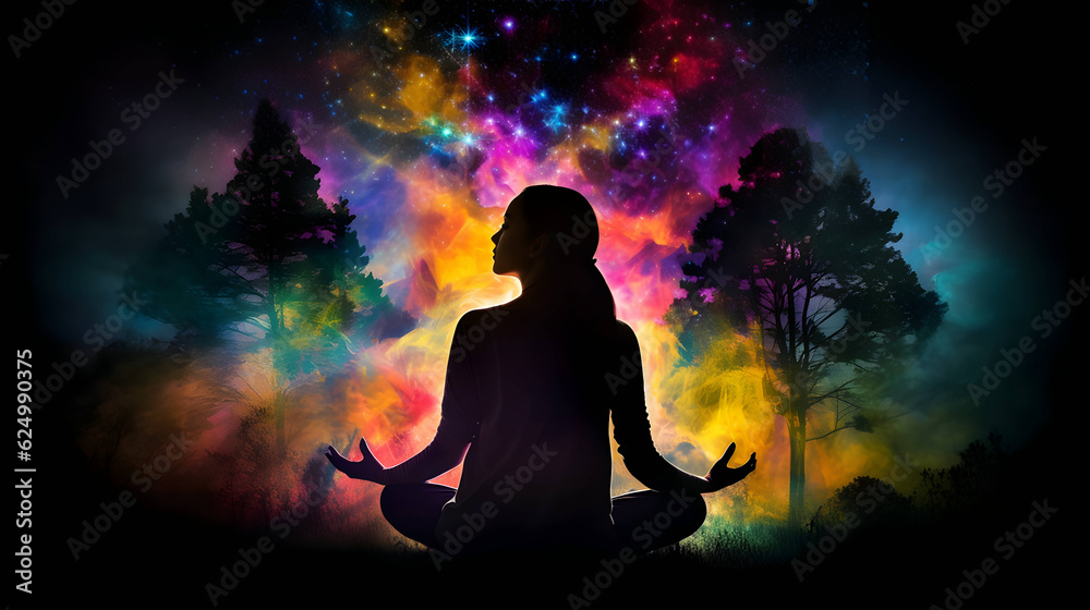 Back view. A young lady practices deep breathing, meditation, and yoga in nature for self-healing. Colourful nature energy appearing in her mind. AI generative image.