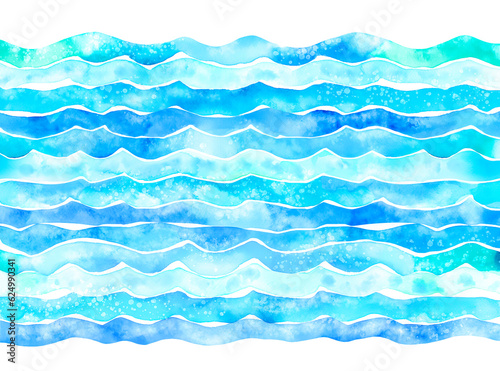 Transparent ocean water wave copy space for text.  Isolated blue, teal, turquoise happy cartoon wave for pool party or ocean beach travel. Web banner, backdrop, background png graphic.
