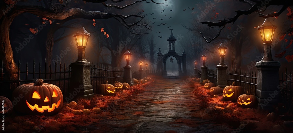 Mysterious Halloween pumpkins adorn an old cemetery at night. Spooky, creepy, and full of Halloween spirit.