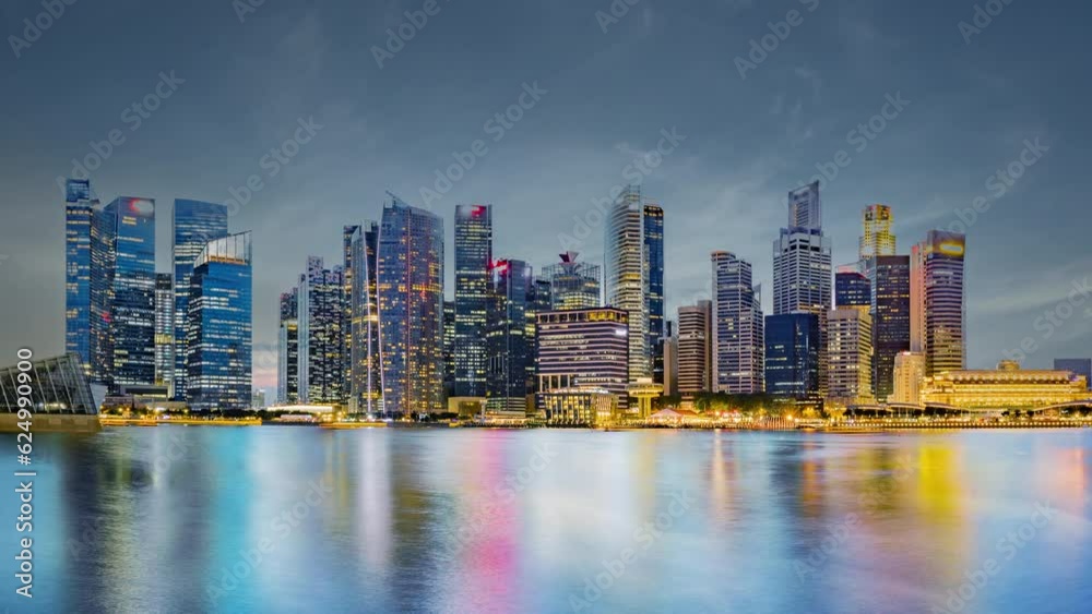 Singapore cityscape at night with city view time lapse video, in the style of light teal and light purple at Marina bay area.