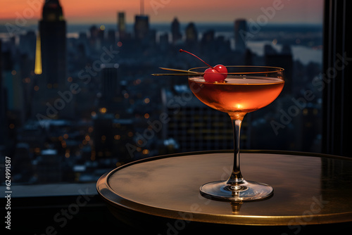 Metropolis Manhattan cocktail in city skyline setting, alcoholic beverages, alcoholic drink, elegant drink