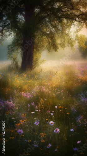 picturesque landscape with tress, grass, and flowers, made with generative AI © Melvin
