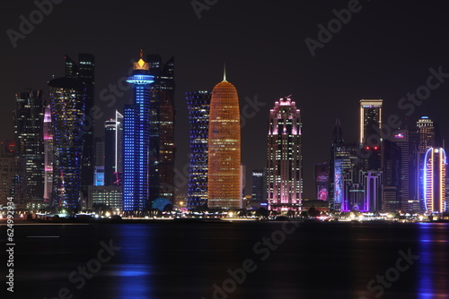 Doha skyline at night, Qatar.