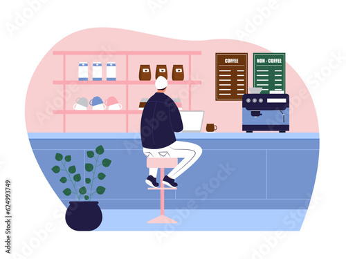 Coffee shop vector illistration. Coffee shop flat illustration. City cafe. Summer urban spring landscape. Flat design concept.