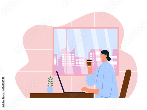 Coffee shop vector illistration. Coffee shop flat illustration. City cafe. Summer urban spring landscape. Flat design concept.