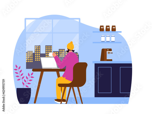 Coffee shop vector illistration. Coffee shop flat illustration. City cafe. Summer urban spring landscape. Flat design concept.