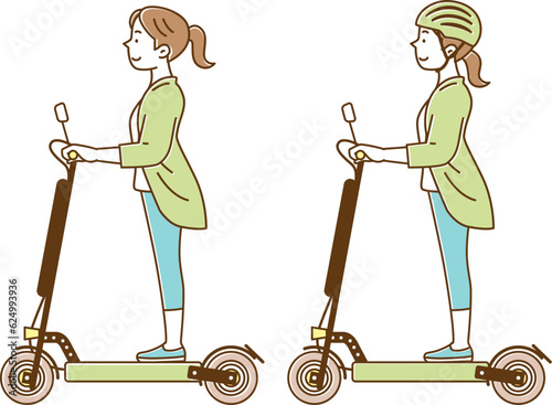 電動キックボードに乗る若い女性のセットイラスト