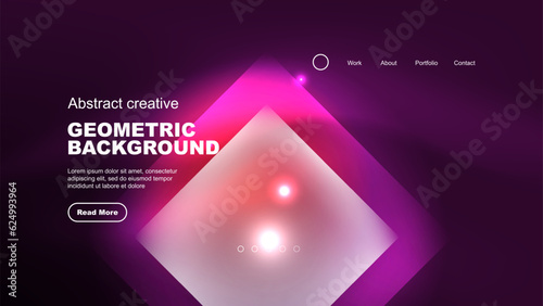 Abstract background landing page  glass geometric shapes with glowing neon light reflections  energy effect concept on glossy forms