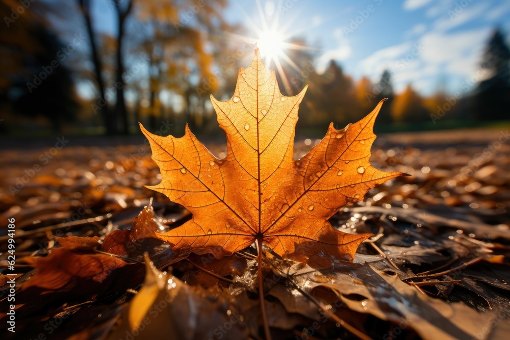 rays divine lights, low angle Autumn tree leaf