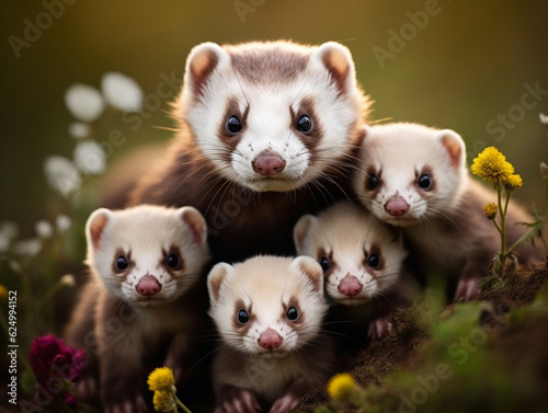 A Ferret and Her Babies in Nature | Generative AI