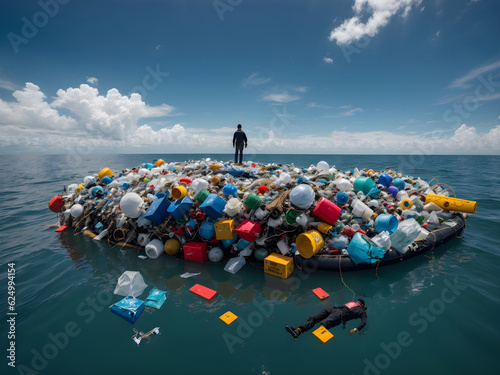 Confronting the Plastic Crisis: Man on Floating Waste Island photo