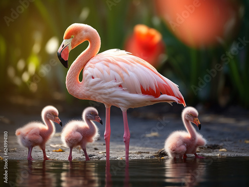 A Flamingo and Her Babies in Nature | Generative AI