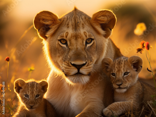 A Lion and Her Babies in Nature   Generative AI © Nathan Hutchcraft