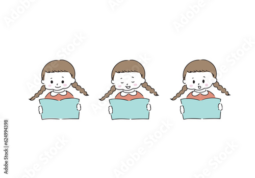 本を読む三つ編みの少女のイラストセット