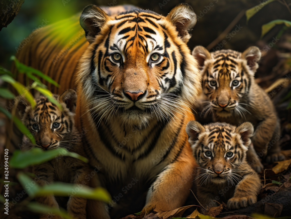 Obraz premium A Tiger and Her Babies in Nature | Generative AI