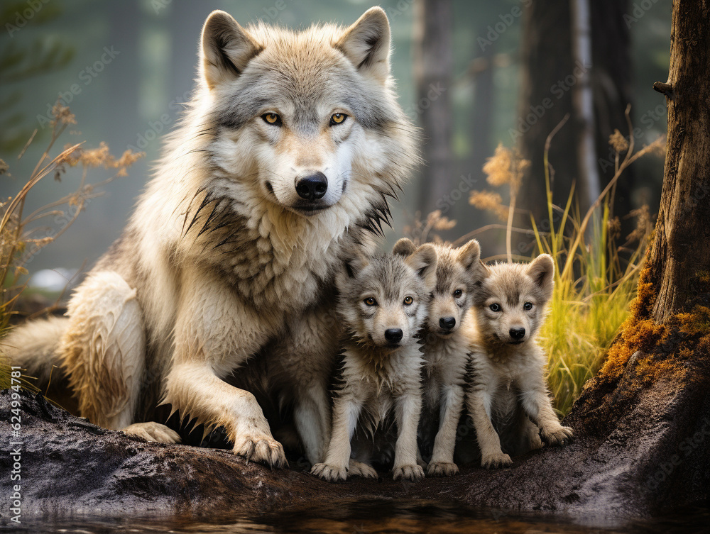 A Wolf and Her Babies in Nature | Generative AI - obrazy, fototapety, plakaty 