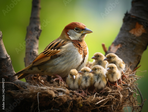 A Sparrow and Her Babies in Nature | Generative AI