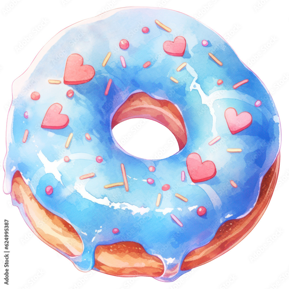 Delicious Blue Donut Watercolor with Heart Sprinkles, Sweet Treat for Valentine's Day, Isolated on Transparent Background. Generative AI