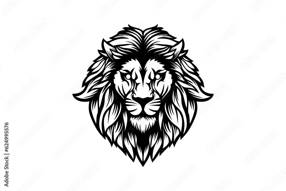 Lion head facing calm, vector black and white