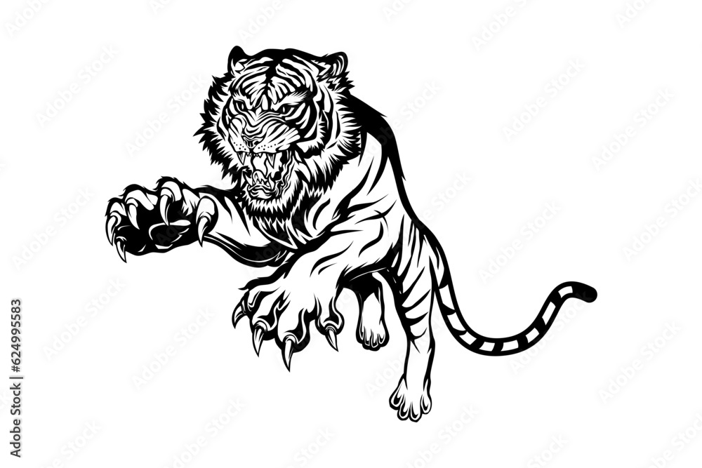 Jumping Tiger vector black white, logo, angry Stock Vector | Adobe Stock