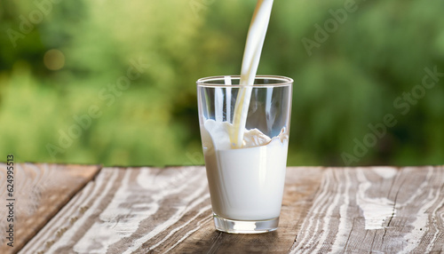 milk pouring into glass on wooden table outdoors