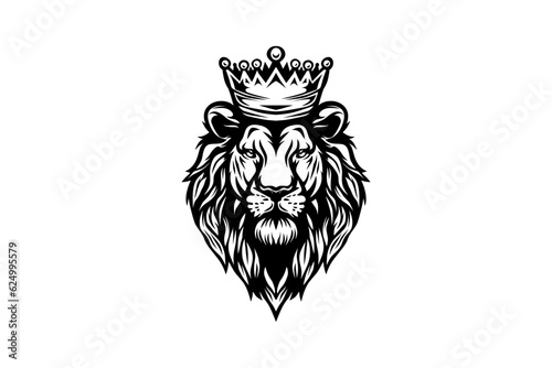 lion head with crown, king lion, vector balck white